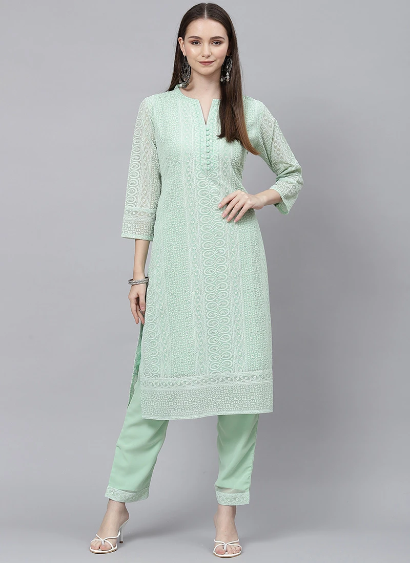 Pista Green Georgette Embroidery Kurta Straight Pant Set Work Wear 3 Pista Green Georgette Embroidery Kurta Straight Pant Set Work Wear - Image 3