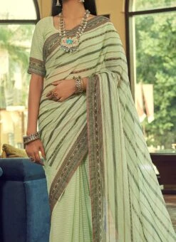 Pista Green Georgette Printed Work Half N Half Saree Party Wear