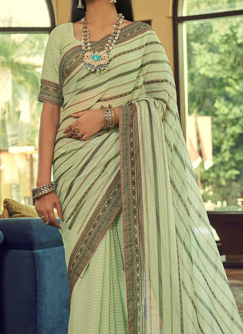 Pista Green Georgette Printed Work Half N Half Saree Party Wear 1 Pista Green Georgette Printed Work Half N Half Saree Party Wear