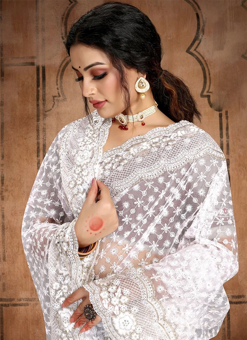 Pleasant Embroidery Stone Work White Net Saree Party Wear 4 Pleasant Embroidery Stone Work White Net Saree Party Wear - Image 4