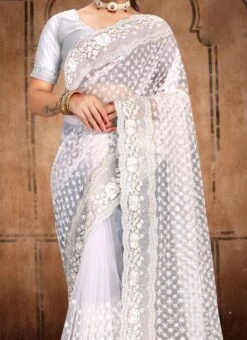 Pleasant Embroidery Stone Work White Net Saree Party Wear