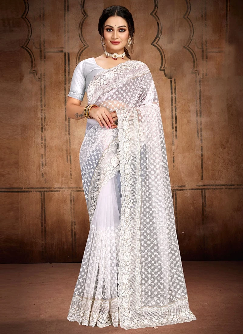 Pleasant Embroidery Stone Work White Net Saree Party Wear 3 Pleasant Embroidery Stone Work White Net Saree Party Wear - Image 3