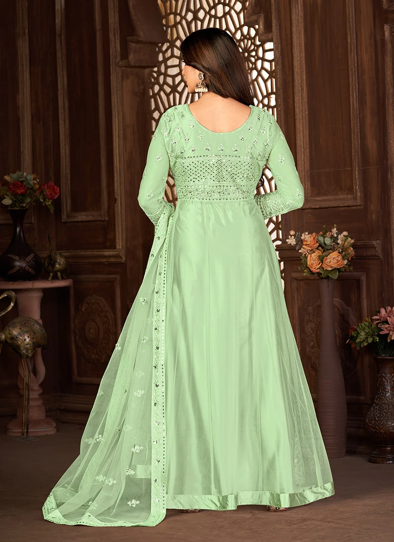 Pleasant Green Embroidery Anarkali Suit Net Fabric Party Wear 4 Pleasant Green Embroidery Anarkali Suit Net Fabric Party Wear - Image 4