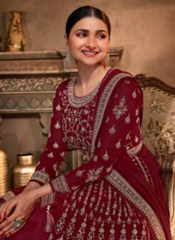 Prachi Desai Maroon Georgette Embroidery Anarkali Suit Party Wear -C Bazaar Shop prachi desai maroon georgette embroidery anarkali suit slsacu8577 b