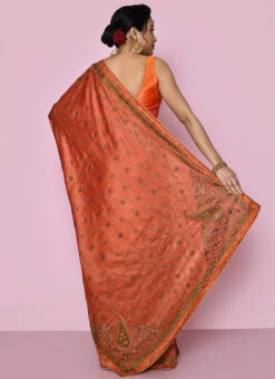 Pure Banarasi Silk Embroidered Rust Color Saree Wedding Wear -C Bazaar Shop pure silk embroidered rust color saree savns125b b