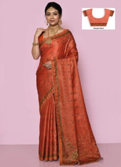 Pure Banarasi Silk Embroidered Rust Color Saree Wedding Wear -C Bazaar Shop pure silk embroidered rust color saree savns125b u