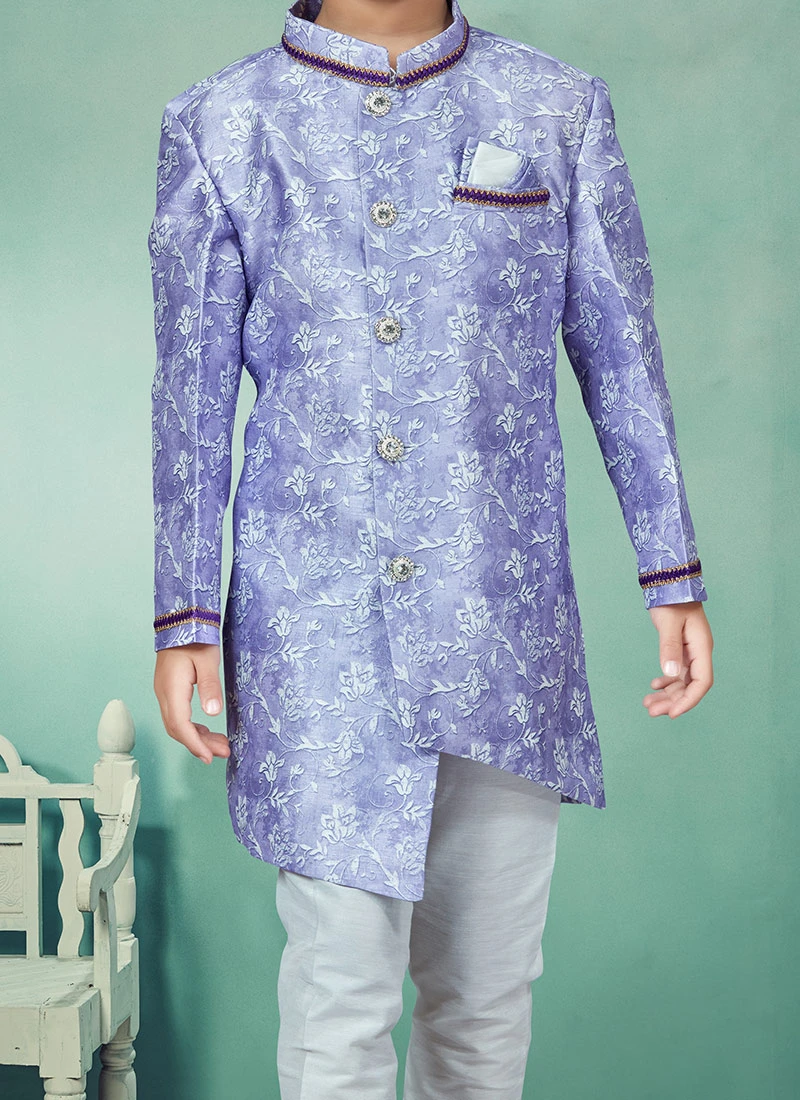 Purple Art Silk Printed Indowestern Sherwani Party Wear 1 Purple Art Silk Printed Indowestern Sherwani Party Wear