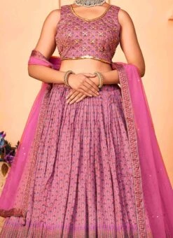 Purple Chinon Embroidered Umbrella Lehenga Party Wear