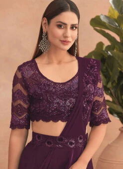 Purple Chinon Silk Embroidered Ready Pleated Saree Party Wear -C Bazaar Shop purple chinon silk embroidered ready pleated saree saska36307302d b