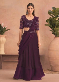 Purple Chinon Silk Embroidered Ready Pleated Saree Party Wear -C Bazaar Shop purple chinon silk embroidered ready pleated saree saska36307302d u