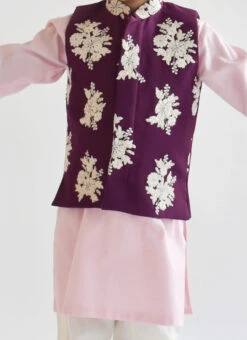 Purple Cotton Silk Embroidery Nehru Jacket