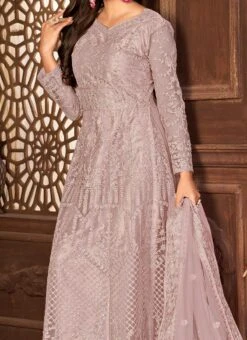 Purple Floor Length Net Fabric Anarkali With Embroidery Work Party Wear