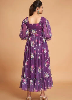 Purple Georgette Digital Print Fit And Flare Dress After Six Wear -C Bazaar Shop purple georgette digital print fit and flare dress drsacw9021 b