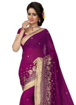 Purple Georgette Embroidered Saree Party Wear -C Bazaar Shop purple georgette embroidered saree sasnf325z b