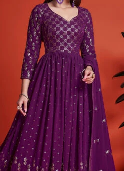 Purple Georgette Sequins Embroidered Anarkali Gown Party Wear