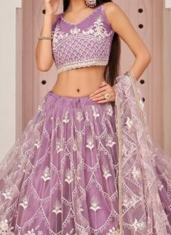 Purple Mono Net Embroidered N Sequins Umbrella Lehenga Wedding Wear