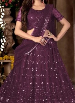 Purple Net Plastic Mirror Embroidery Lehenga N Choli With Dupatta Party Wear