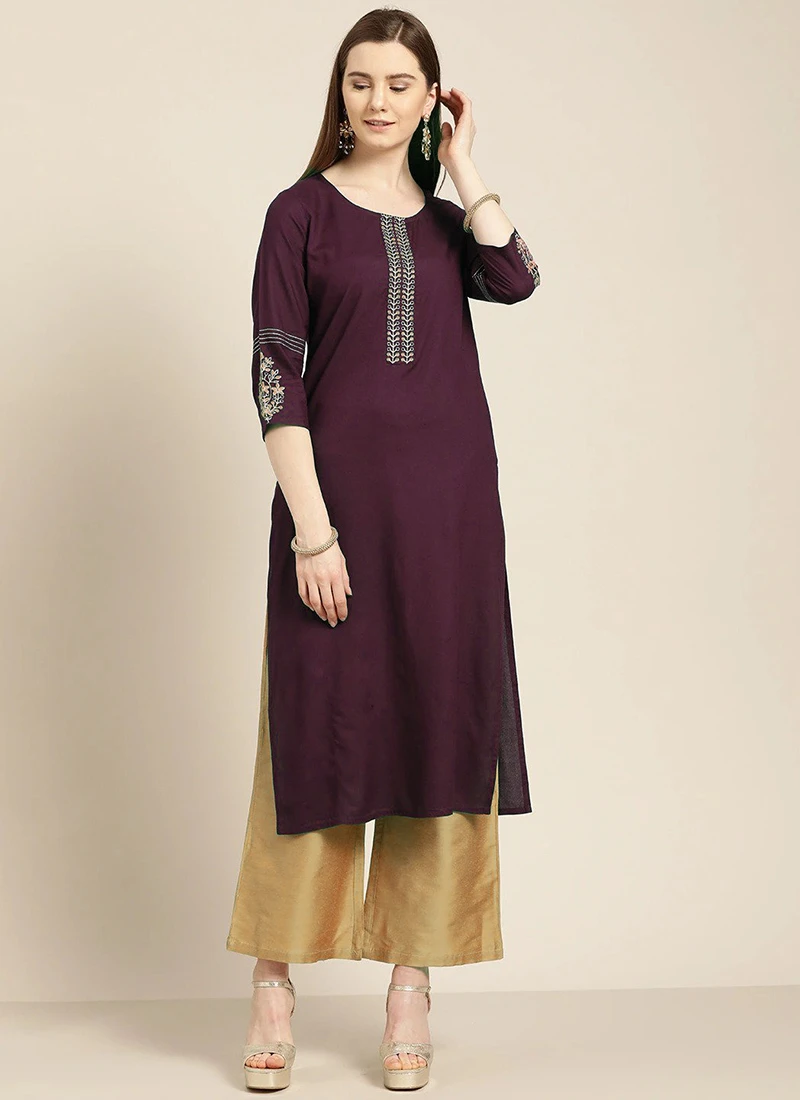 Purple Rayon Embroidery Kurta Palazzo Suit Party Wear 3 Purple Rayon Embroidery Kurta Palazzo Suit Party Wear - Image 3