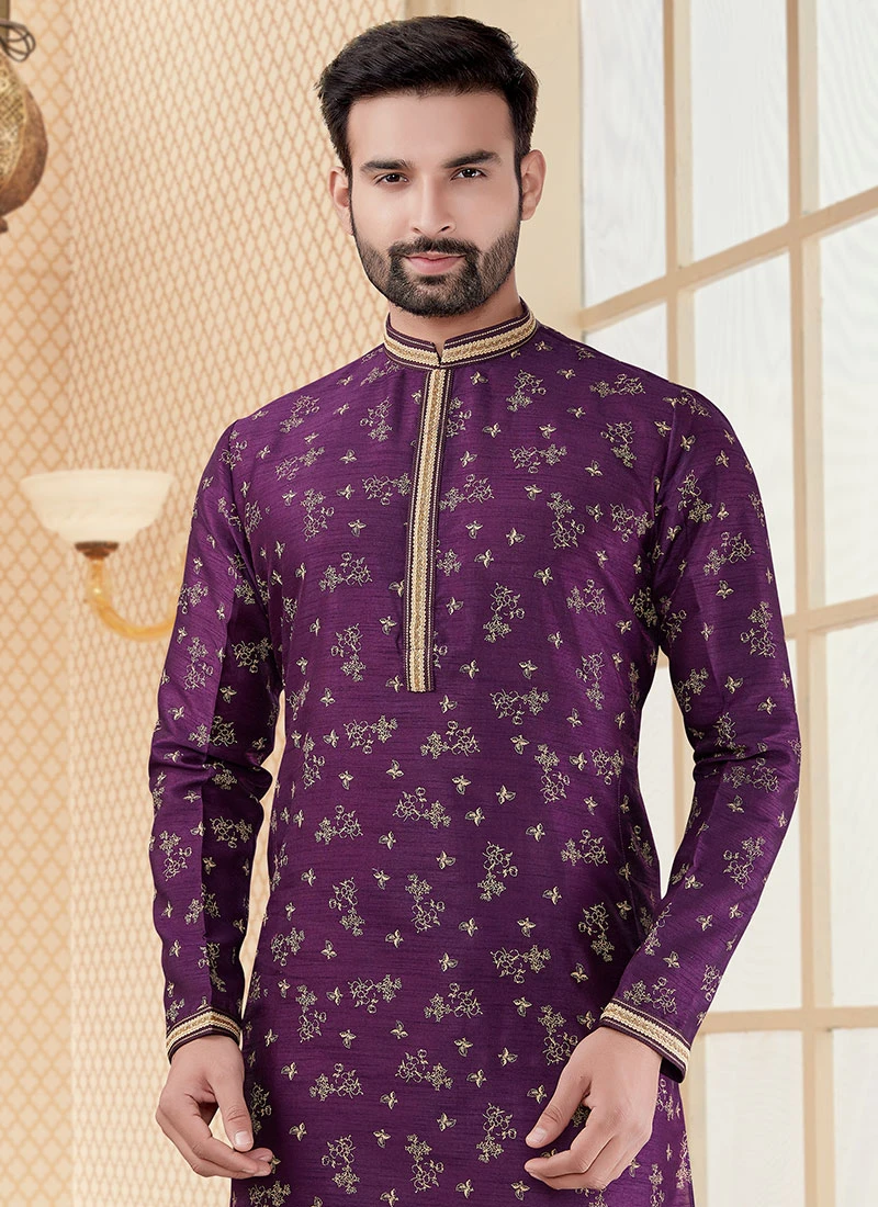 Purple Silk Digital Printed Kurta Pyjama Party Wear 3 Purple Silk Digital Printed Kurta Pyjama Party Wear - Image 3