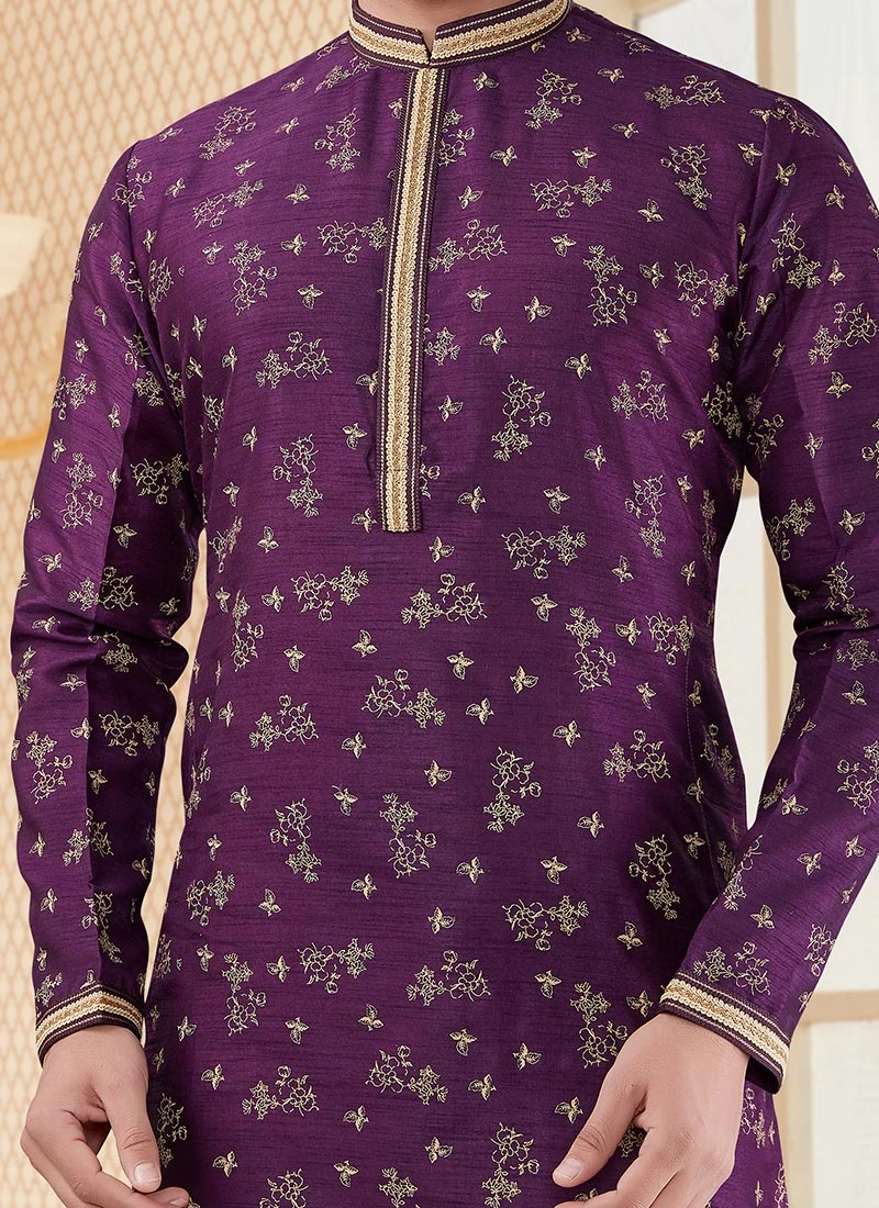 Purple Silk Digital Printed Kurta Pyjama Party Wear 1 Purple Silk Digital Printed Kurta Pyjama Party Wear