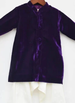 Purple Velvet Classic Sherwani And Off White Pant For Boys Party Wear