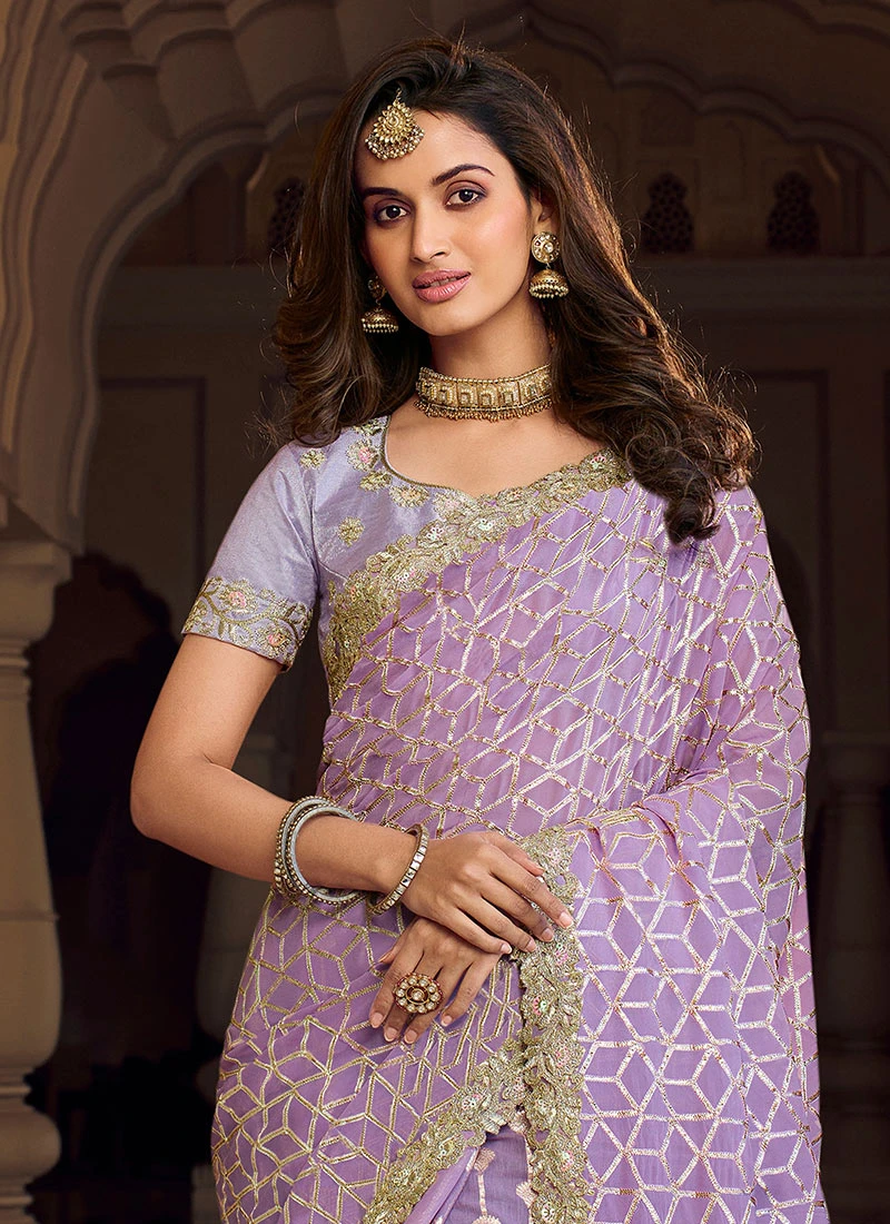 Purple Viscose Chanderi Silk Embroiderey N Zari Work Half N Half Saree Party Wear 4 Purple Viscose Chanderi Silk Embroiderey N Zari Work Half N Half Saree Party Wear - Image 4