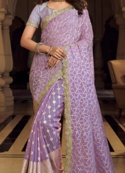 Purple Viscose Chanderi Silk Embroiderey N Zari Work Half N Half Saree Party Wear