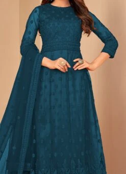 Rama Blue Anarkali Suit Net Embroidery Work Party Wear