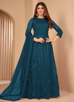 Rama Blue Anarkali Suit Net Embroidery Work Party Wear -C Bazaar Shop rama blue anarkali suit net embroidery work slsdi118ra u