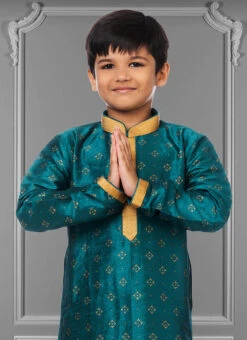 Rama Blue Dhupion Silk Foil Printed Boys Kurta Pyjama Party Wear -C Bazaar Shop rama blue dhupion silk foil printed boys kurta pyjama kdbkvs663 b