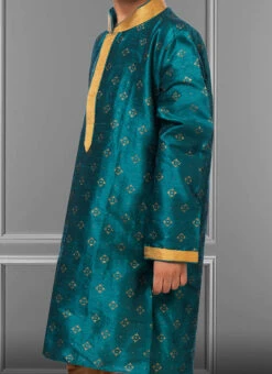 Rama Blue Dhupion Silk Foil Printed Boys Kurta Pyjama Party Wear