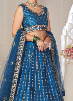 Rama Blue Net Embroidery Work Umbrella Lehenga Party Wear