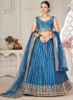 Rama Blue Net Embroidery Work Umbrella Lehenga Party Wear 6 Rama Blue Net Embroidery Work Umbrella Lehenga Party Wear -C Bazaar Shop rama blue net embroidery work umbrella lehenga ghswe001010245 u