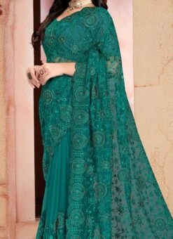 Rama Green Color Resham Embroidery Khatli Handwork Net Saree Party Wear