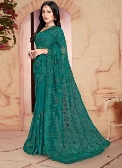 Rama Green Color Resham Embroidery Khatli Handwork Net Saree Party Wear -C Bazaar Shop rama green color resham embroidery khatli handwork net saree sasun1894 u