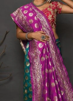 Rama Green Kanjeevaram Silk Hand Work Half N Half Saree Festive Wear