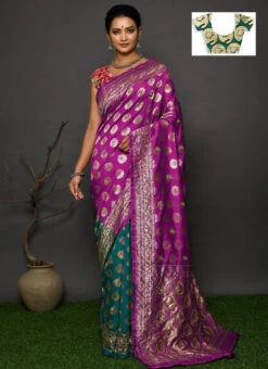 Rama Green Kanjeevaram Silk Hand Work Half N Half Saree Festive Wear -C Bazaar Shop rama green kanjeevaram silk hand work half n half saree sadsf4664 u