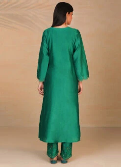 Rama Green Pure Chanderi Silk Embroidered Kurta Semi Palazzo Set Party Wear -C Bazaar Shop rama green pure chanderi silk embroidered kurta semi palazzo set krsdvcsvks31 b