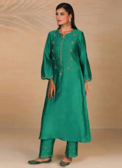 Rama Green Pure Chanderi Silk Embroidered Kurta Semi Palazzo Set Party Wear -C Bazaar Shop rama green pure chanderi silk embroidered kurta semi palazzo set krsdvcsvks31 u