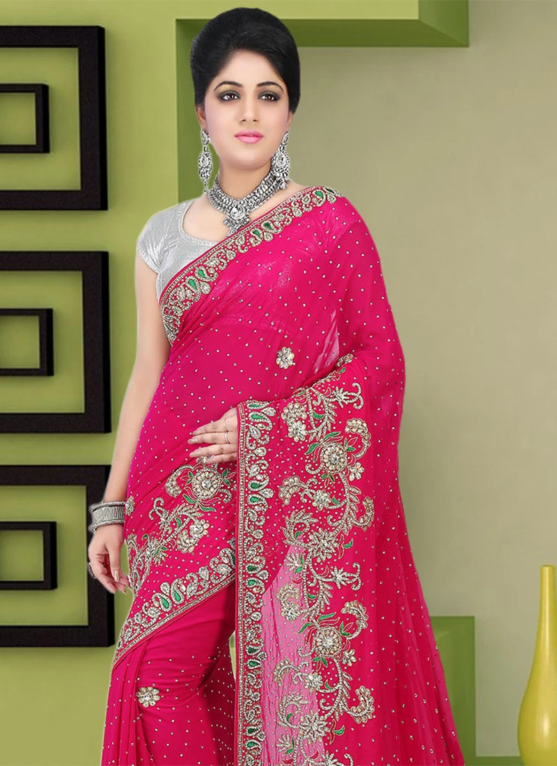 Rani Pink Georgette Hand Work Saree Festive Wear 4 Rani Pink Georgette Hand Work Saree Festive Wear - Image 4