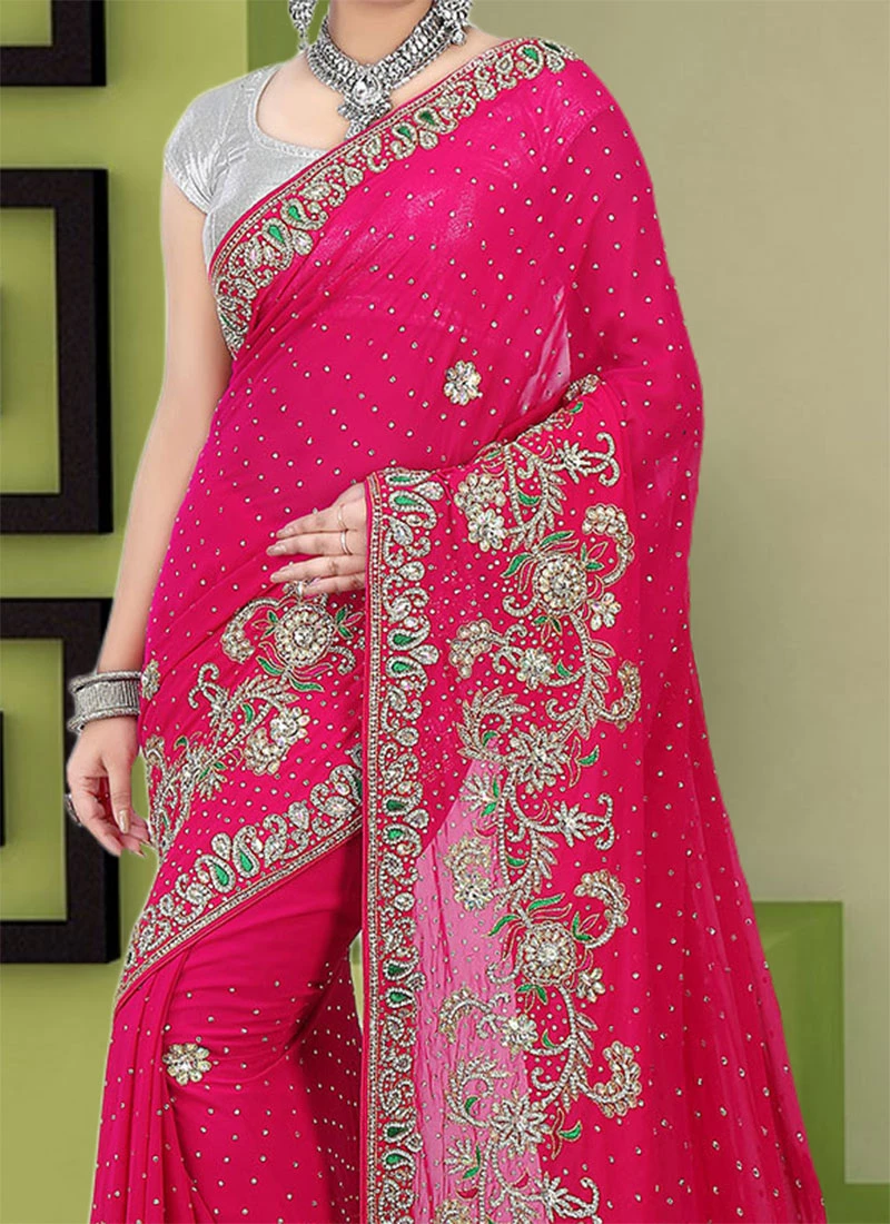 Rani Pink Georgette Hand Work Saree Festive Wear 1 Rani Pink Georgette Hand Work Saree Festive Wear