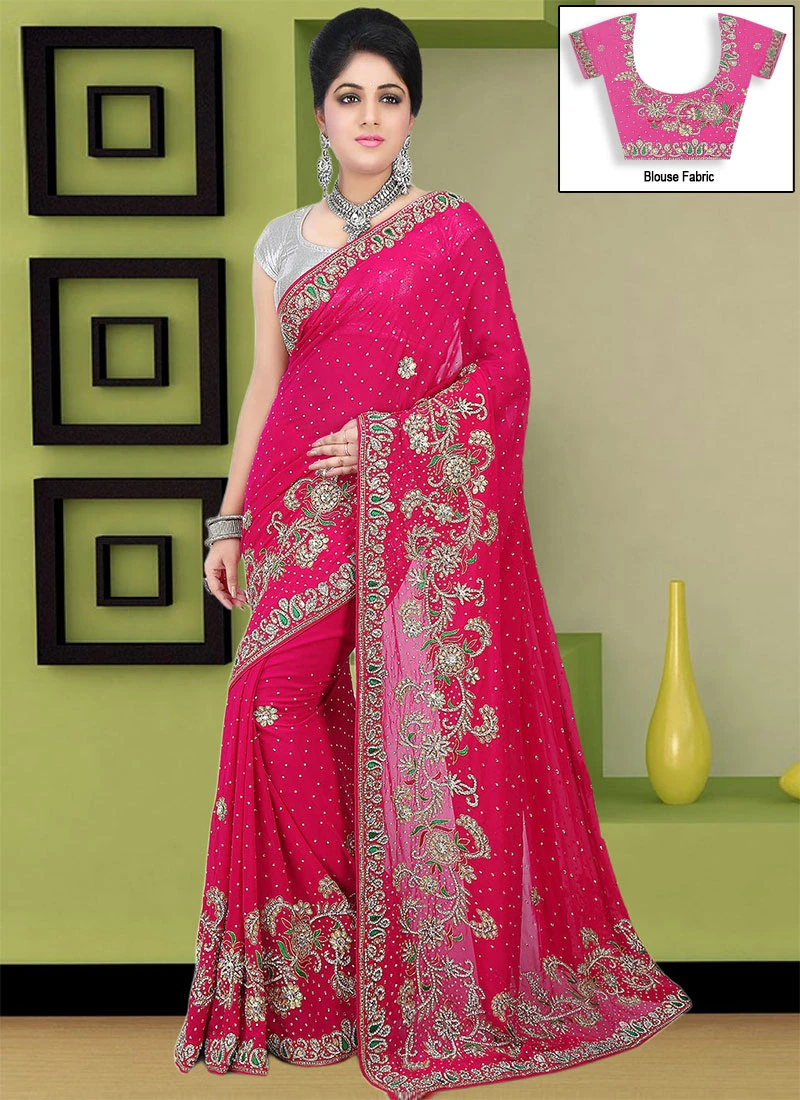Rani Pink Georgette Hand Work Saree Festive Wear 3 Rani Pink Georgette Hand Work Saree Festive Wear - Image 3