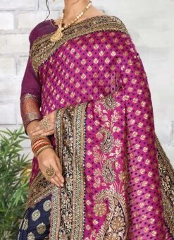 Rani Pink N Blue Kanjeevaram Silk Hand Work Half N Half Saree Festive Wear