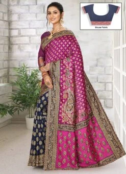 Rani Pink N Blue Kanjeevaram Silk Hand Work Half N Half Saree Festive Wear -C Bazaar Shop rani pink n blue kanjeevaram silk hand work half n half saree sadsf4334 u