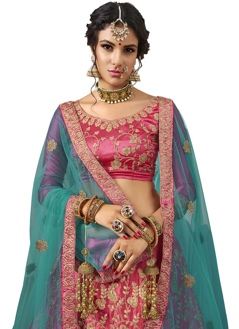 Rani Pink Satin Silk Embroidered A Line Lehenga Party Wear 4 Rani Pink Satin Silk Embroidered A Line Lehenga Party Wear - Image 4