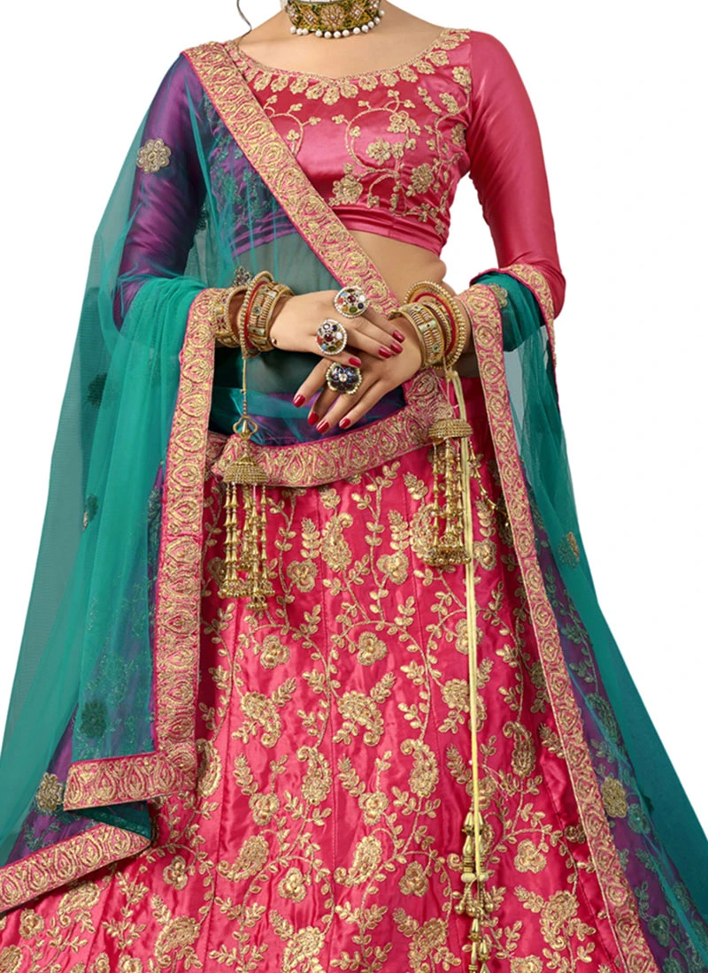 Rani Pink Satin Silk Embroidered A Line Lehenga Party Wear 1 Rani Pink Satin Silk Embroidered A Line Lehenga Party Wear