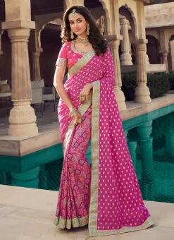 Rani Pink Viscose Chanderi Silk Embroiderey N Zari Work Half N Half Saree Party Wear -C Bazaar Shop rani pink viscose chanderi silk embroiderey n zari work half n half saree sasklk1007 u