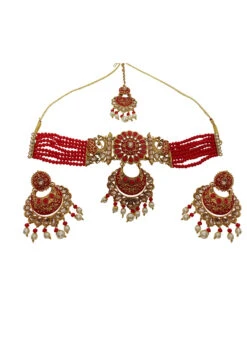 Red Alloy Choker Set With Earrings N Mangtika Party Wear -C Bazaar Shop red alloy choker set with earrings n mangtika jysmvd10895 b