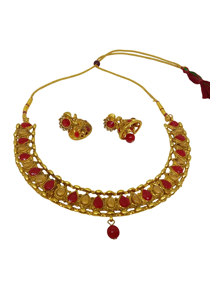 Red Alloy Necklace Set With Earrings Party Wear 2 Red Alloy Necklace Set With Earrings Party Wear - Image 2