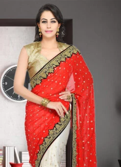 Red And White Georgette Hand Work Half N Half Saree Party Wear -C Bazaar Shop red and white georgette hand work half n half saree sadsf4862 b